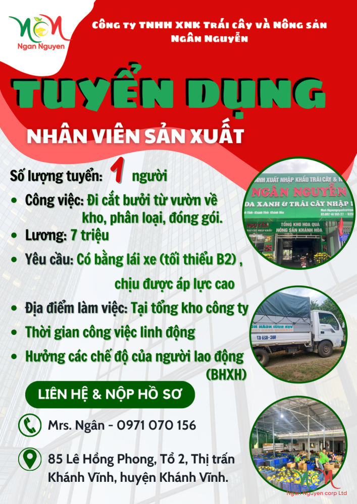 TUYỂN DỤNG -  NHÂN VIÊN SẢN XUẤT